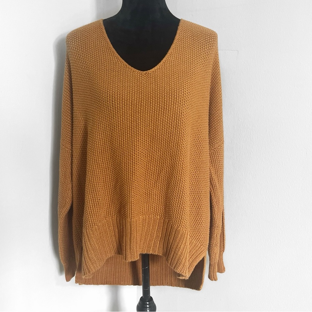 Lucky Brand High Low Pullover Knit V Neck Sweater Relaxed Comfy Fit Mustard Sand